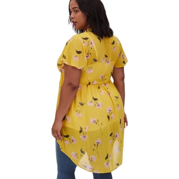 Torrid Button Up Flutter Sleeve Hi Lo Chiffon Floral Blouse size 1X Yellow - Picture 2 of 12